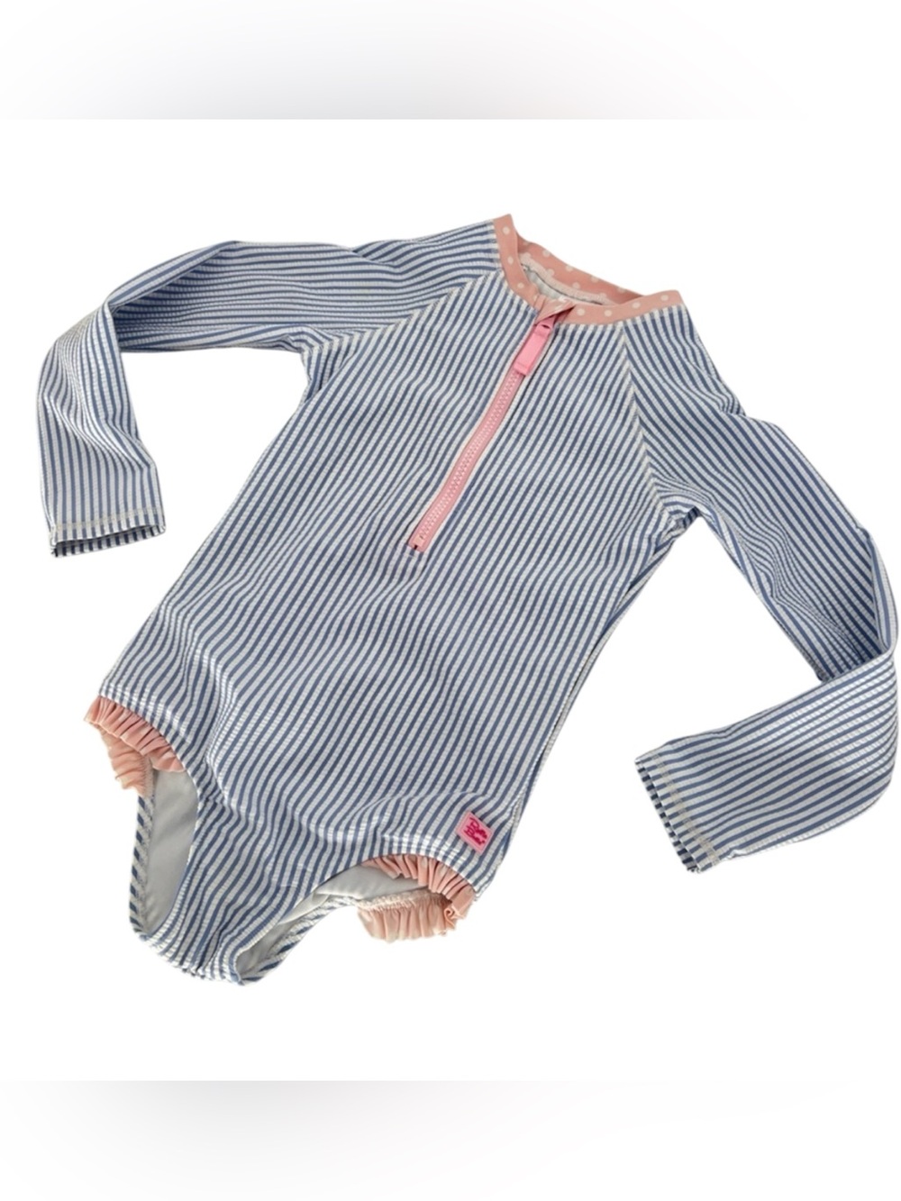 Ruffle Butts Blue White Stripe Long-Sleeve One-Piece Pink Rashguard Seersucker
